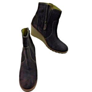 Boden Wedge Ankle Boots Side Zipper 8.75" High 3" Heel Brown Leather